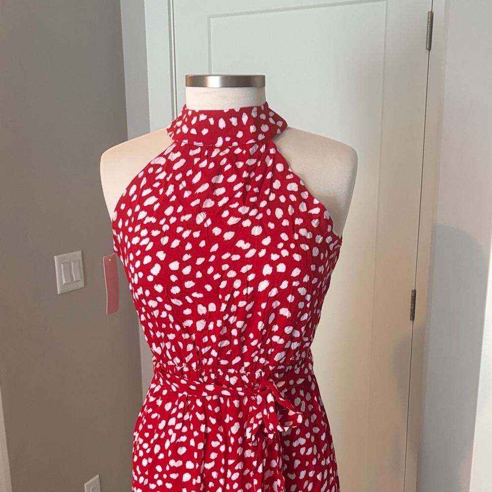 Chic Red and White Halter Maxi Dress - Picture 2 of 9